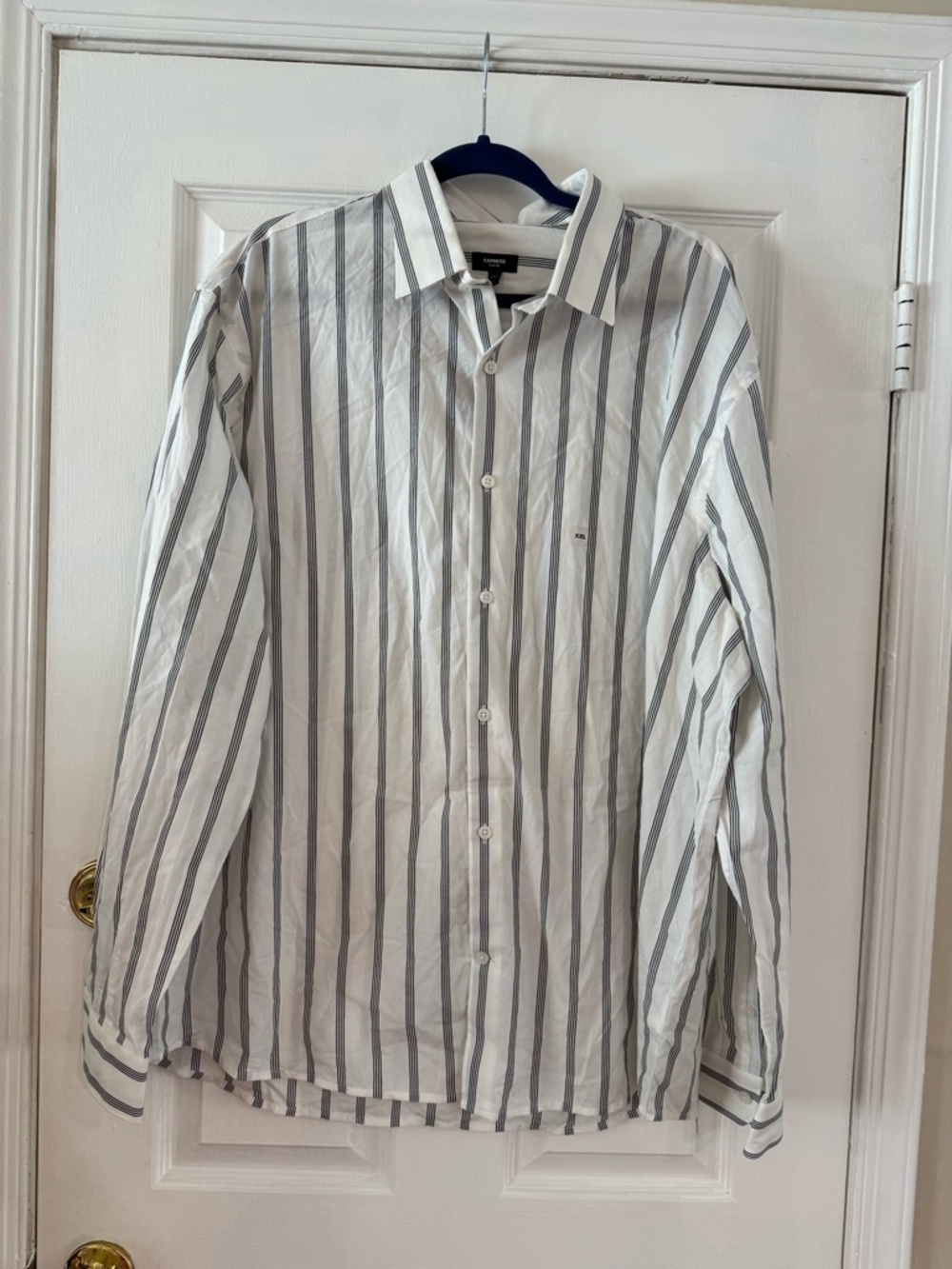 Express Men's White Shirt with Gray Vertical Stripes